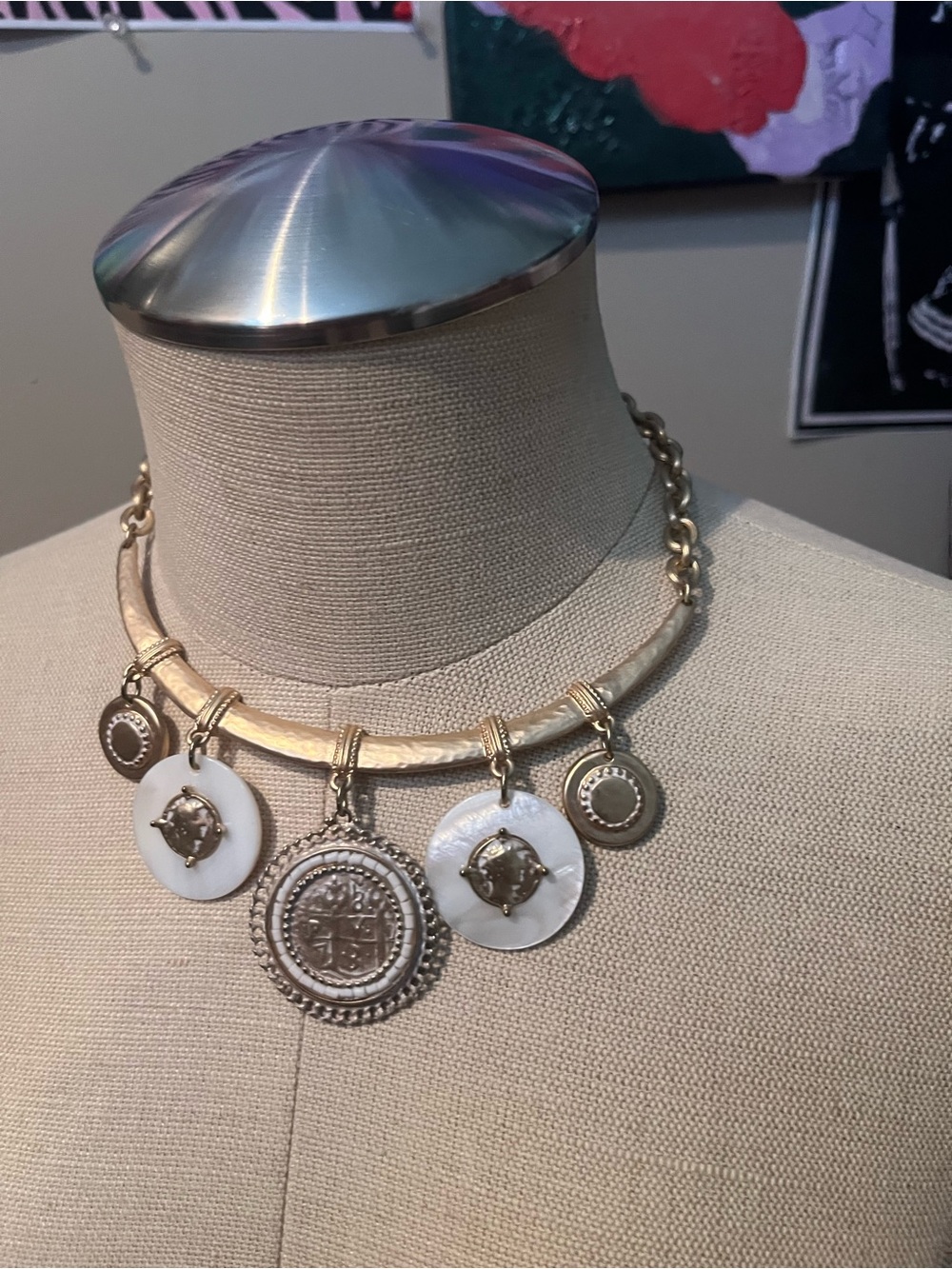 Gold-Tone Coin Pendant Choker Necklace with White Shell Discs - Picture 2 of 5